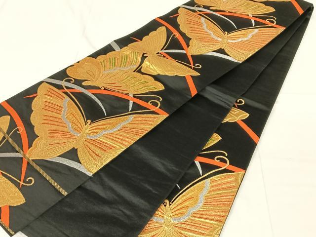 平和屋着物◎六通柄袋帯 舞蝶文 黒地 金銀糸 正絹 逸品 AABN1597dk