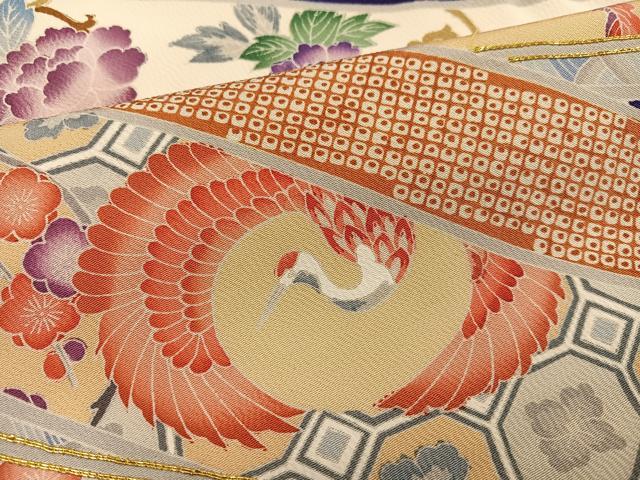 平和屋着物●豪華振袖 駒刺繍 飛鶴草花文 金彩 正絹 逸品 AABN1634ph