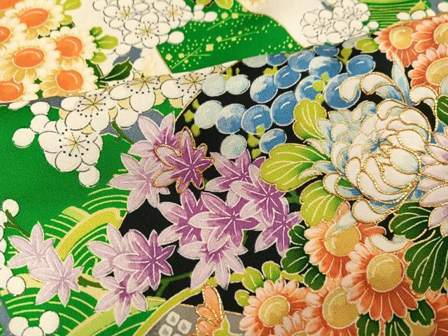 平和屋着物●豪華振袖 駒刺繍 草花文 金彩 正絹 逸品 AABN1635ph