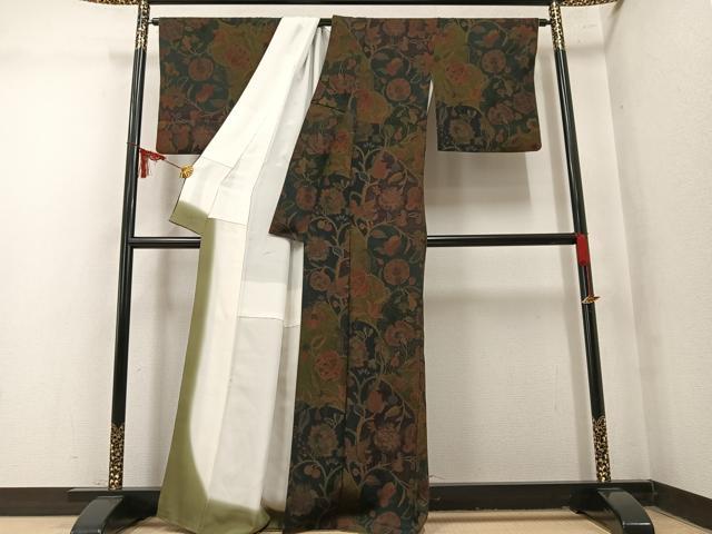 平和屋着物●初代 染人・山岡古都 首里琉染 小紋 更紗文 浜ちりめん 反端付き 正絹 逸品 AABN1644ph