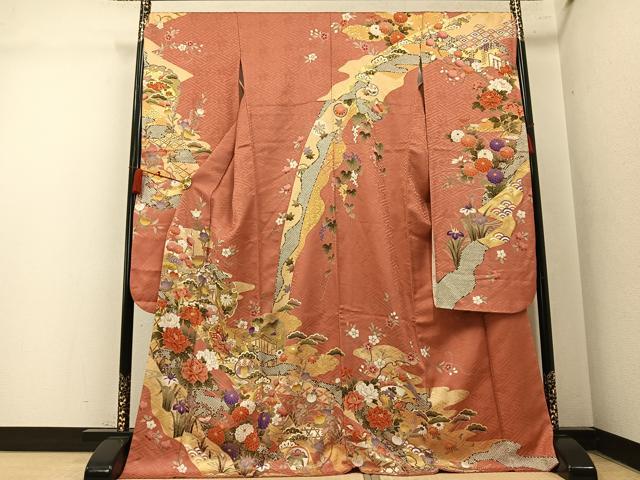 平和屋着物●豪華振袖 駒刺繍 雪輪花蝶文 金彩 正絹 逸品 AABN1665ph