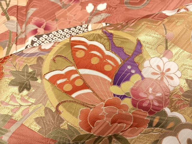 平和屋着物●豪華振袖 駒刺繍 雪輪花蝶文 金彩 正絹 逸品 AABN1665ph