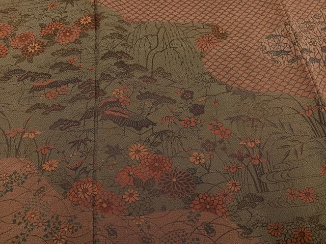 平和屋着物●人間国宝・南部芳松の息子 伝統工芸伝承者彫刻・南部幸雄 型染 訪問着 風景草花文 鬼しぼ縮緬 正絹 逸品 AABN1691ph
