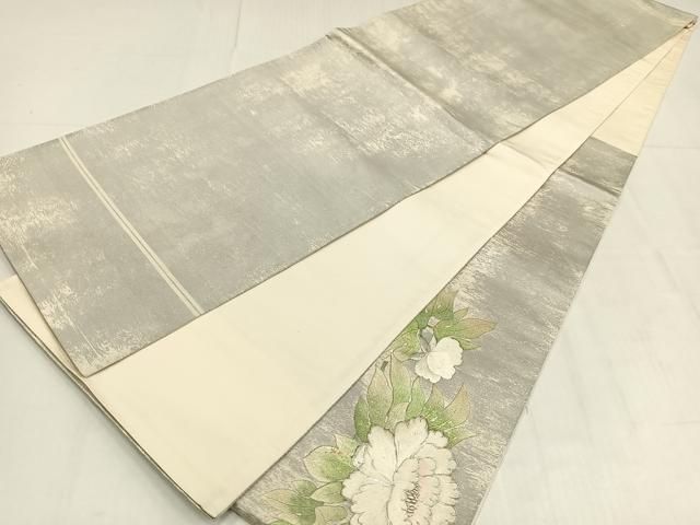 平和屋着物◎太鼓柄袋帯 駒刺繍 草花文 金銀糸 銀彩 正絹 逸品 AABN1764bw