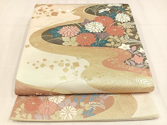 平和屋着物◎六通柄袋帯 唐織 流水草花文 金糸 正絹 逸品 AABN1770bw