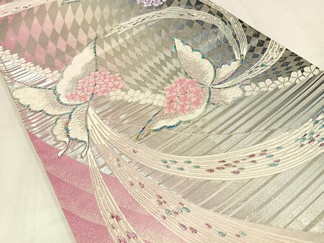 平和屋着物◎六通柄袋帯 唐織 花蝶文 銀糸 正絹 逸品 AABN1776bw