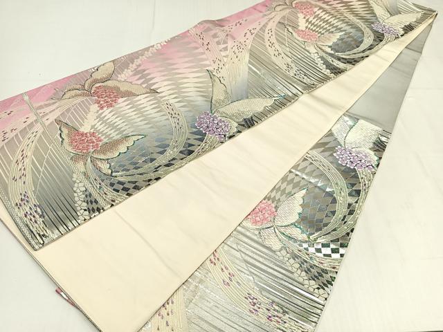 平和屋着物◎六通柄袋帯 唐織 花蝶文 銀糸 正絹 逸品 AABN1776bw