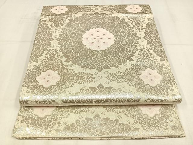 平和屋着物◎西陣 服部織物謹製 六通柄袋帯 唐織 こはく錦 手工芸 正倉院花文 銀糸 正絹 逸品 AABN1789bw