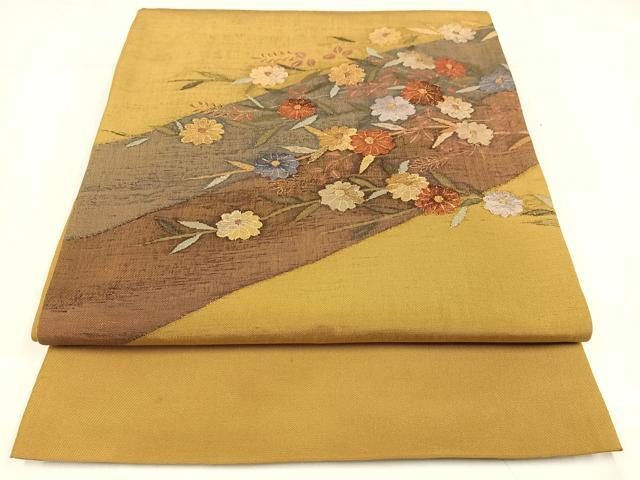 平和屋着物◎太鼓柄袋帯 すくい織 草花文 金糸 正絹 逸品 AABN1809bw