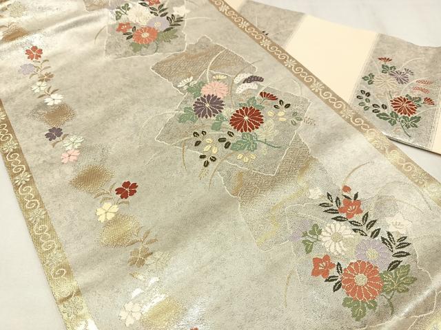平和屋着物◎九寸名古屋帯 唐織 小袖金彩錦 草花文 金銀糸 正絹 逸品 AABN1812bw