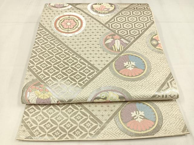 平和屋着物◎六通柄袋帯 唐織 花蝶文 銀糸 正絹 逸品 AABN1814bw