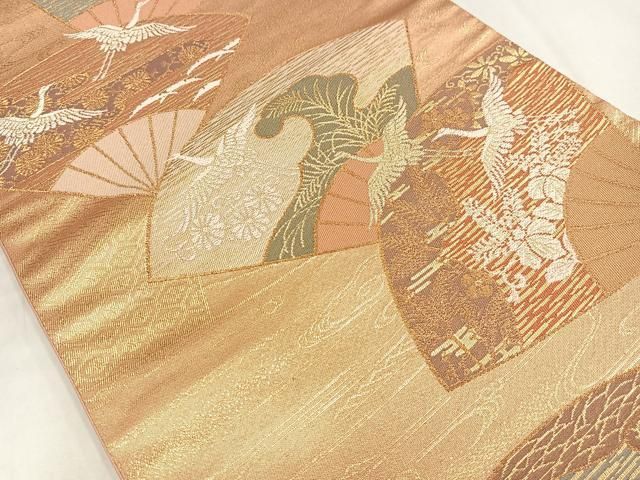 平和屋着物◎六通柄袋帯 唐織 飛鶴扇文 金糸 正絹 逸品 AABN1925bw