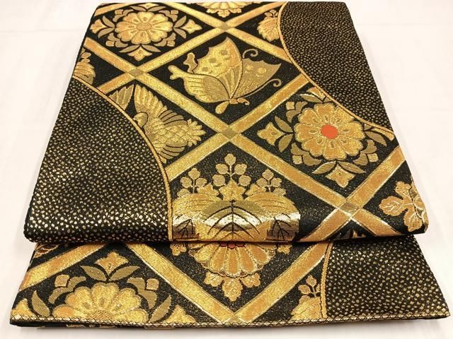 平和屋着物◎全通柄袋帯 花蝶文 黒地 金糸 AABN1926bw