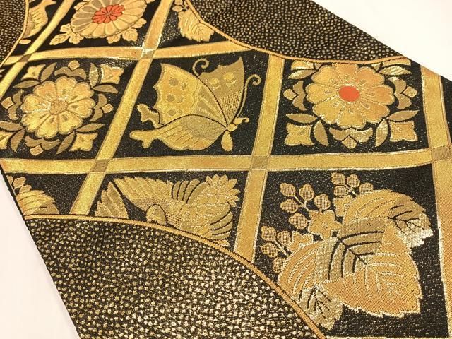 平和屋着物◎全通柄袋帯 花蝶文 黒地 金糸 AABN1926bw