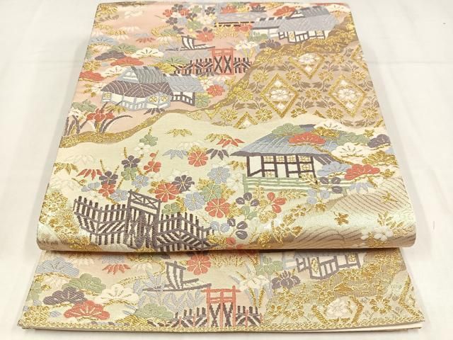 平和屋着物◎六通柄袋帯 唐織 風景文 金糸 正絹 逸品 AABN1931bw