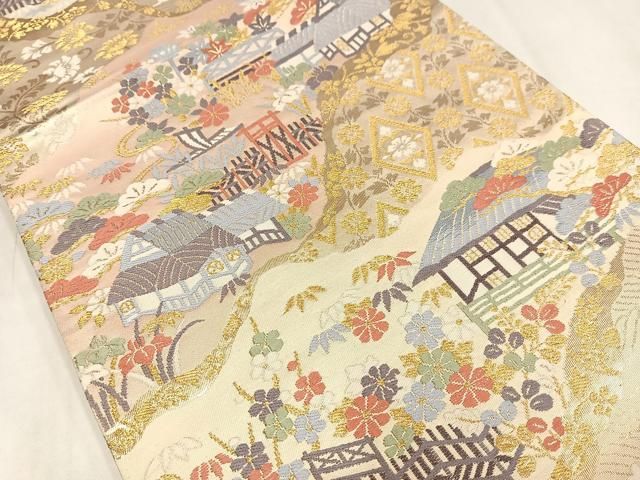 平和屋着物◎六通柄袋帯 唐織 風景文 金糸 正絹 逸品 AABN1931bw