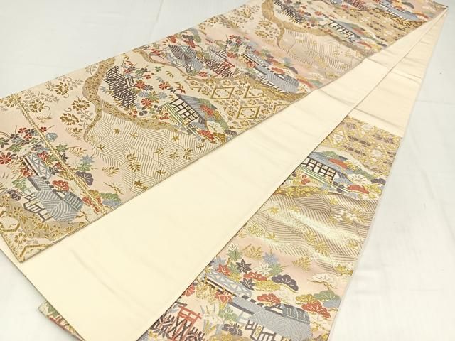 平和屋着物◎六通柄袋帯 唐織 風景文 金糸 正絹 逸品 AABN1931bw