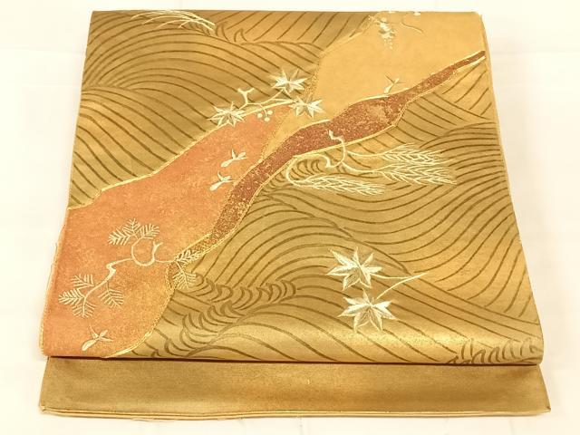 平和屋着物◎太鼓柄袋帯 駒刺繍 立波松文 金糸 引箔 正絹 逸品 AABN2203dk