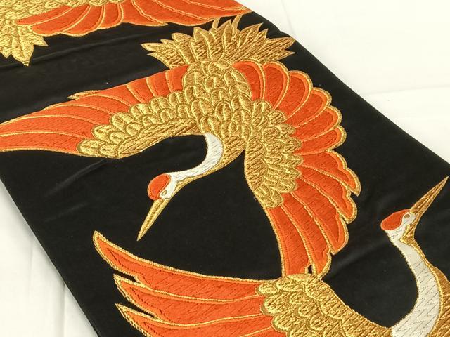 平和屋着物◎六通柄袋帯 唐織 飛鶴文 黒地 金糸 正絹 逸品 AABN2228dk