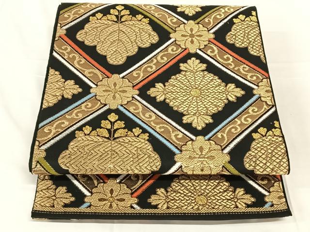 平和屋着物◎六通柄袋帯 花格子文 黒地 金銀糸 AABN2229dk