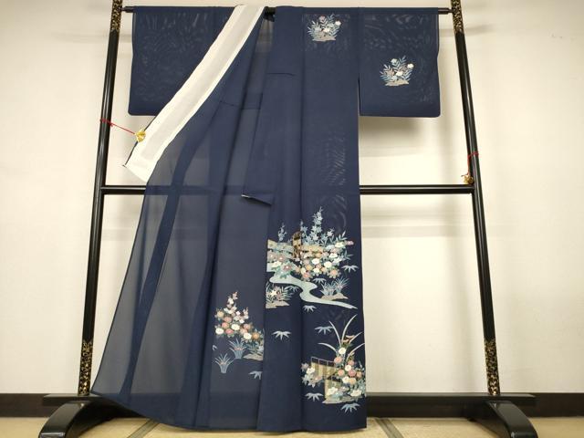 平和屋着物*夏物 中国三大刺繍 スワトウ刺繍 汕頭刺繍 相良刺繍 総刺繍 訪問着 絽 風景草花文 正絹 逸品 AABN2285jd