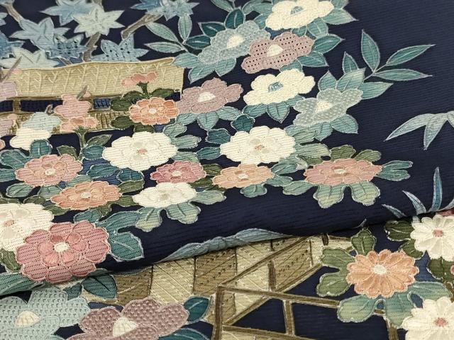 平和屋着物*夏物 中国三大刺繍 スワトウ刺繍 汕頭刺繍 相良刺繍 総刺繍 訪問着 絽 風景草花文 正絹 逸品 AABN2285jd