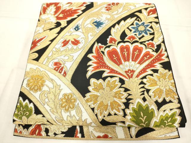 平和屋着物◎六通柄袋帯 唐織 更紗花文 黒地 金銀糸 正絹 逸品 AABN2446ps