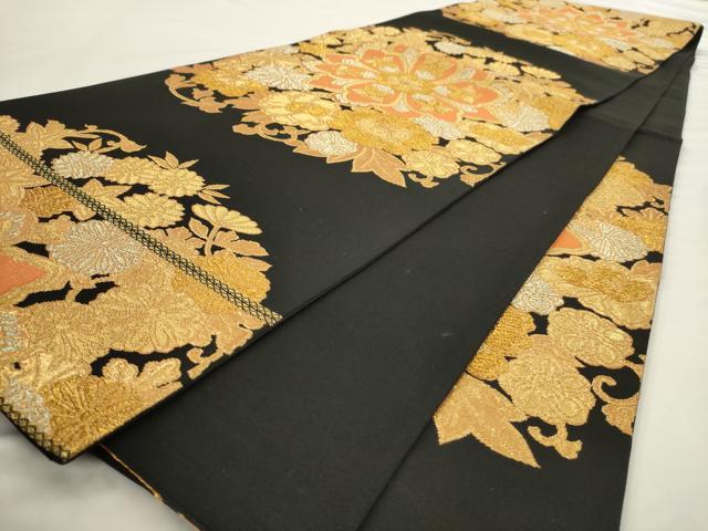 平和屋着物◎六通柄袋帯 更紗花文 黒地 金銀糸 正絹 逸品 AABN2495ps