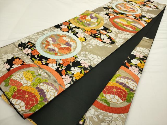 平和屋着物◎六通柄袋帯 唐織 花丸文 黒地 金銀糸 正絹 逸品 AABN2515ps
