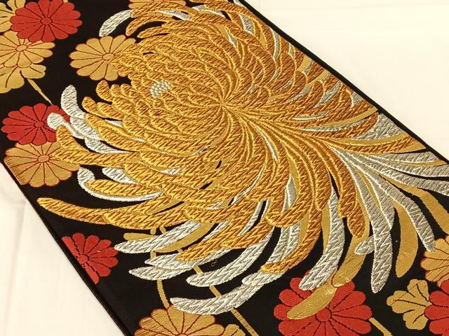 平和屋着物◎六通柄袋帯 乱菊 黒地 金銀糸 正絹 逸品 AABN2522dk