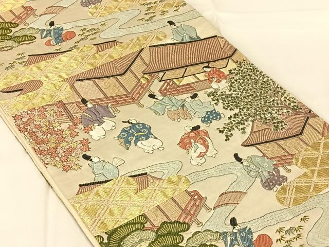 平和屋着物◎六通柄袋帯 唐織 人物風景文 金糸 正絹 逸品 AABN2529dk