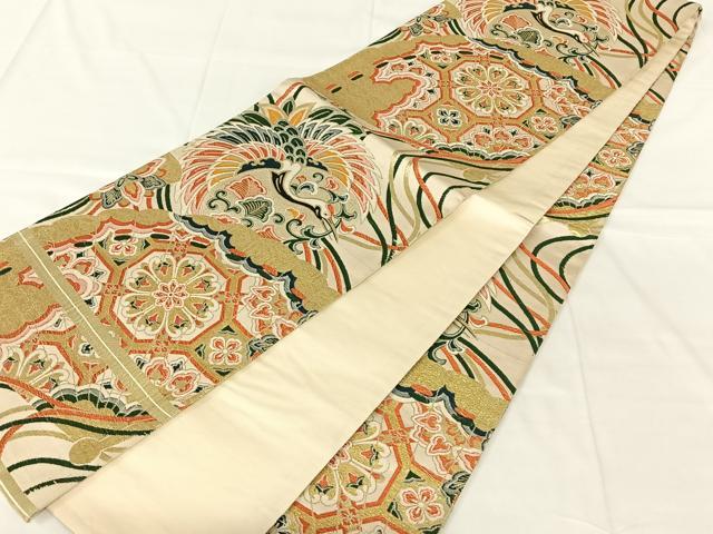 平和屋着物◎アンティーク 大正ロマン 全通柄袋帯 唐織 飛鶴花文 金糸 正絹 逸品 AABN2535dk