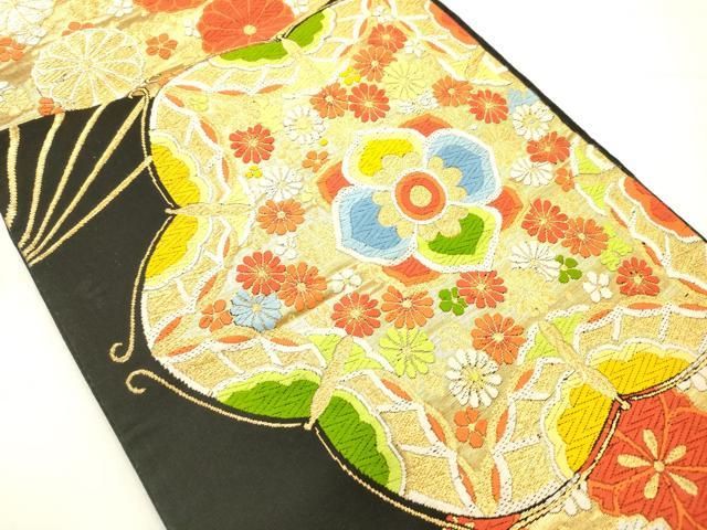 平和屋着物◎六通柄袋帯 唐織 扇花文 黒地 金糸 正絹 逸品 AABN2581ps