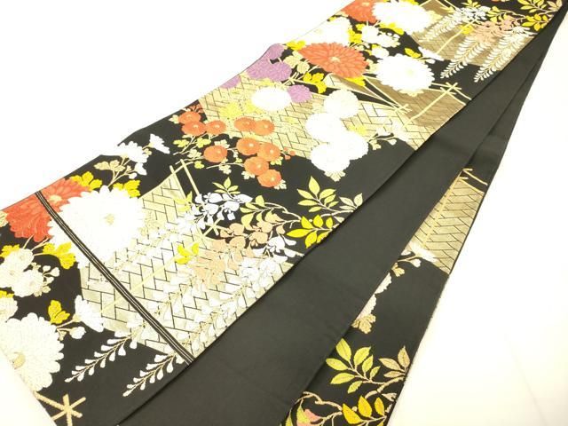 平和屋着物◎六通柄袋帯 唐織 屏風花文 黒地 金糸 AABN2583ps