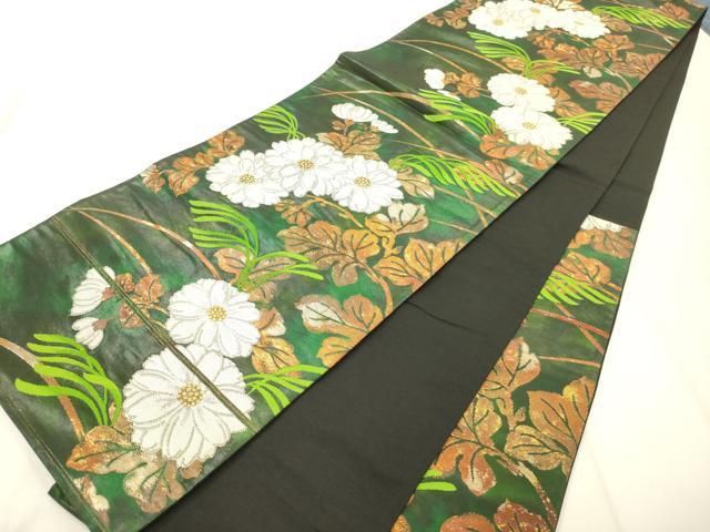 平和屋着物◎六通柄袋帯 草花文 銀糸 正絹 逸品 AABN2586ps