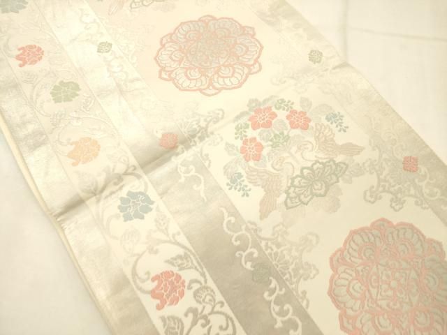 平和屋着物◎六通柄袋帯 花鳥文 銀糸 正絹 逸品 AABN2596ps