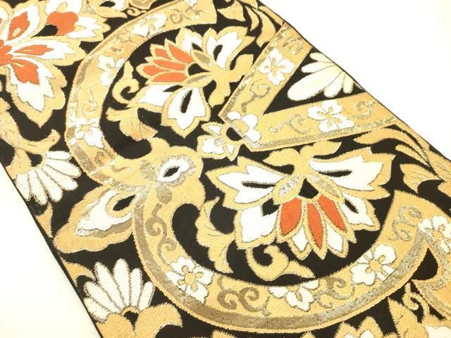 平和屋着物◎六通柄京袋帯 更紗花文 黒地 金糸 AABN2597ps