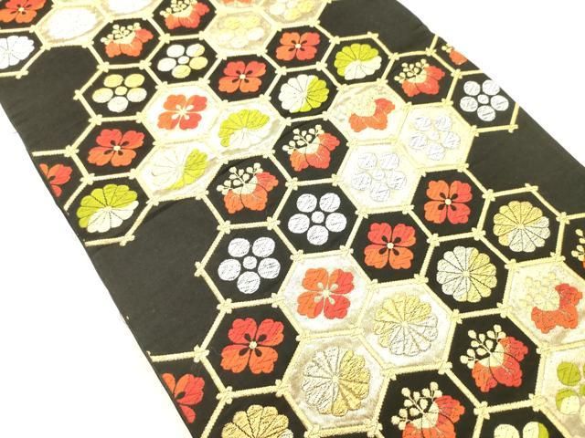 平和屋着物◎六通柄袋帯 唐織 亀甲花文 黒地 金銀糸 正絹 逸品 AABN2598ps