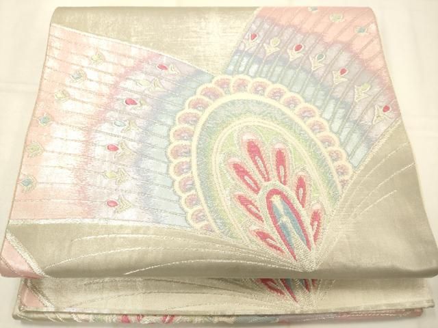 平和屋着物◎六通柄袋帯 孔雀羽文 銀糸 正絹 逸品 AABN2599ps
