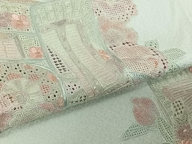 平和屋着物▽中国三大刺繍 スワトウ刺繍 汕頭刺繍 相良刺繍 総刺繍 訪問着 単衣 御所車花文 正絹 逸品 AABN2676jh