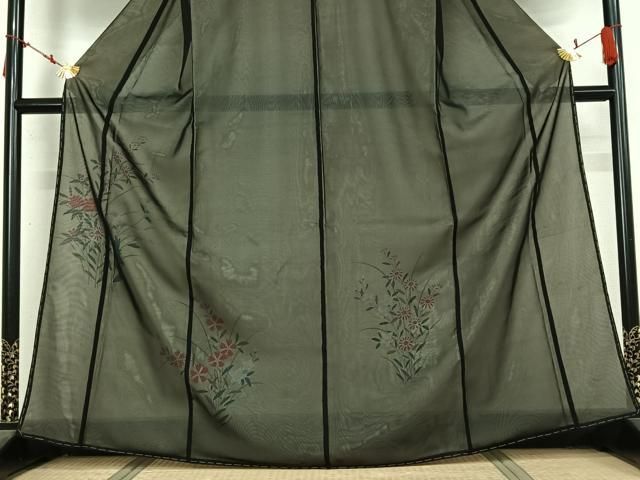 平和屋着物▽訪問着 無双 紗袷 紗×絽 草花文 黒地 銀彩 正絹 逸品 AABN2679jh