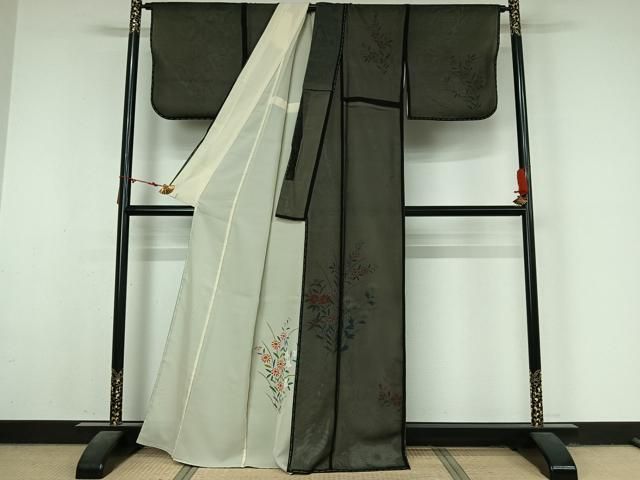平和屋着物▽訪問着 無双 紗袷 紗×絽 草花文 黒地 銀彩 正絹 逸品 AABN2679jh