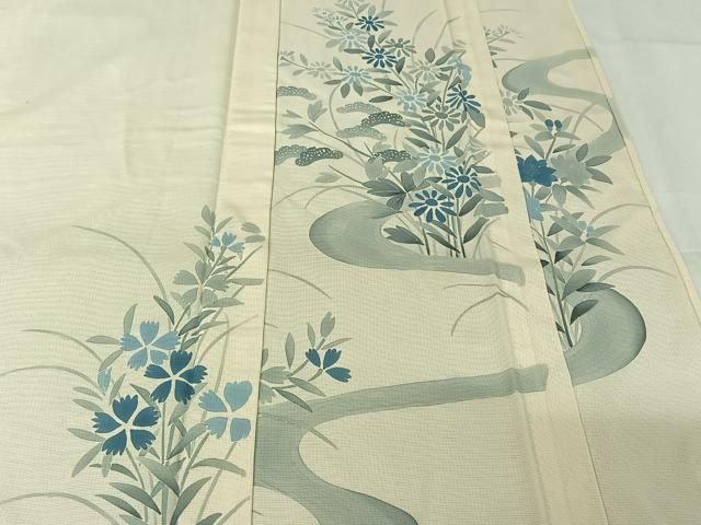 平和屋着物▽訪問着 無双 紗袷 紗×絽 手描き 流水花文 正絹 逸品 AABN2735jh