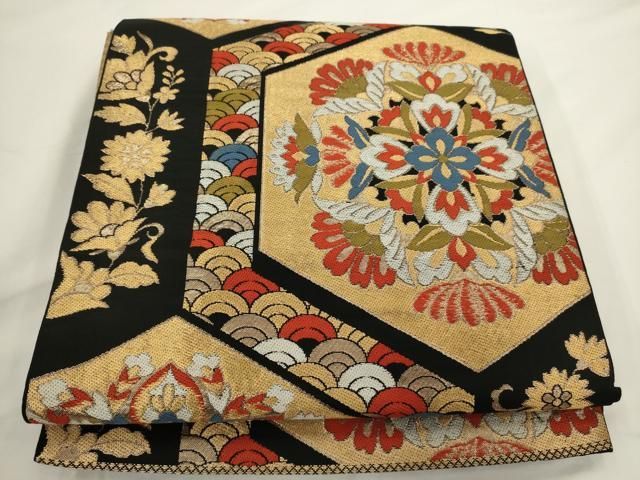 平和屋着物◎六通柄 本袋帯 亀甲花文 黒地 金糸 正絹 逸品 AABN2777ps