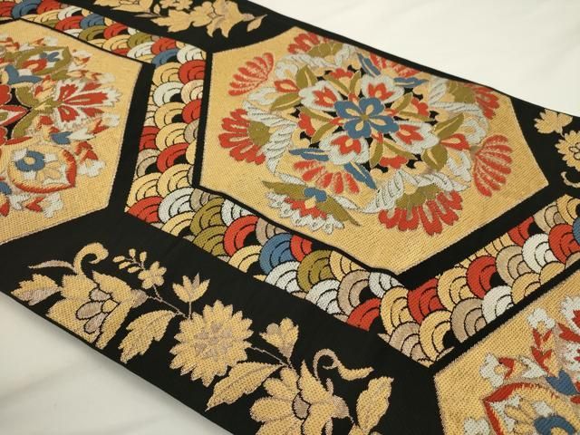 平和屋着物◎六通柄 本袋帯 亀甲花文 黒地 金糸 正絹 逸品 AABN2777ps