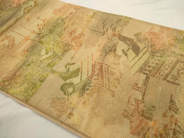 平和屋着物◎六通柄袋帯 風景文 金糸 正絹 逸品 AABN2779ps