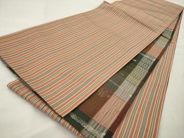 平和屋着物◎両面六通柄袋帯 吉野間道 抽象文 金糸 正絹 逸品 AABN2793ps