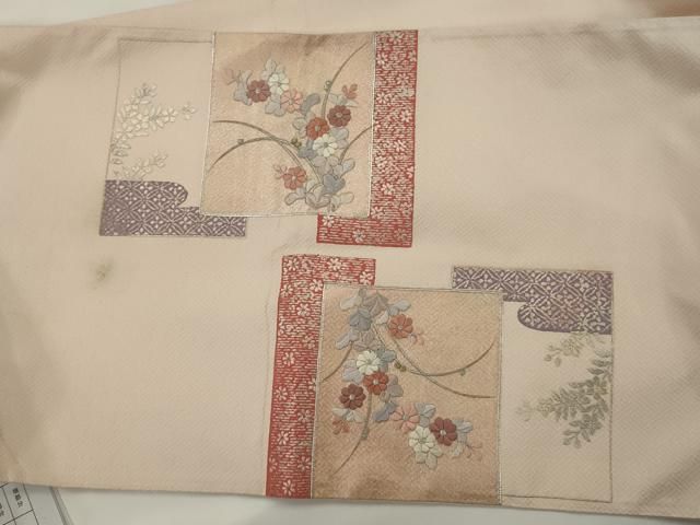 平和屋着物◎太鼓柄袋帯 駒刺繍 色紙重ね花文 金銀糸 金彩 正絹 逸品 AABN2795ps