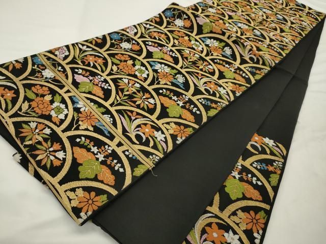 平和屋着物◎六通柄京袋帯 花青海波 黒地 金糸 正絹 逸品 AABN2797ps
