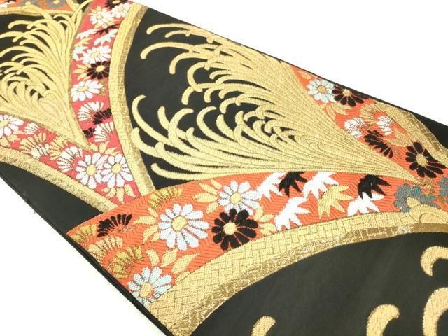 平和屋着物◎六通柄 京本袋帯 草花文 黒地 金糸 AABN2802ps